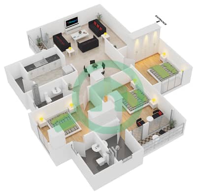 المخططات الطابقية لتصميم النموذج C شقة 3 غرف نوم - شوبا دافوديل