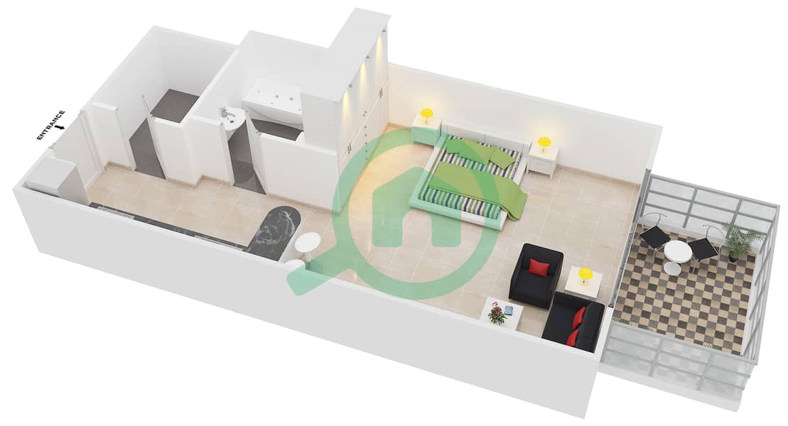 骑士桥阁综合大楼 - 单身公寓单位T-03戶型图 image3D