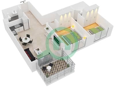 المخططات الطابقية لتصميم الوحدة T-04 شقة 2 غرفة نوم - نايتس بريدج كورت