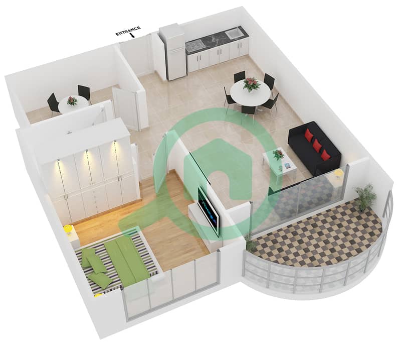 المخططات الطابقية لتصميم الوحدة T-18 شقة 1 غرفة نوم - نايتس بريدج كورت image3D