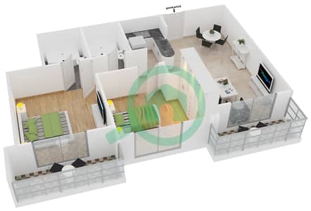 المخططات الطابقية لتصميم النموذج 8 شقة 2 غرفة نوم - دايموند فيوز 2