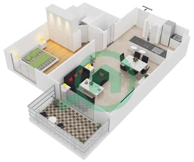المخططات الطابقية لتصميم النموذج C شقة 1 غرفة نوم - فورتوناتو