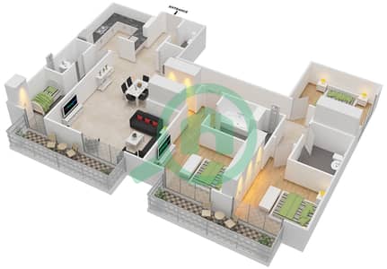 المخططات الطابقية لتصميم الوحدة 1101,1201,1301,1401 شقة 3 غرف نوم - هارتلاند غرينز
