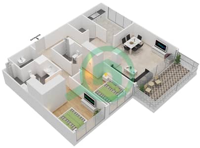 المخططات الطابقية لتصميم النموذج F شقة 2 غرفة نوم - جرنلاند ريزيدنس
