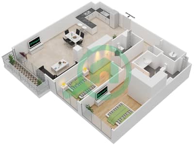 المخططات الطابقية لتصميم النموذج E شقة 2 غرفة نوم - جرنلاند ريزيدنس