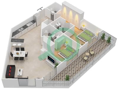 المخططات الطابقية لتصميم النموذج C شقة 2 غرفة نوم - جرنلاند ريزيدنس