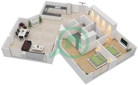 المخططات الطابقية لتصميم النموذج B شقة 2 غرفة نوم - جرنلاند ريزيدنس