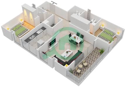 المخططات الطابقية لتصميم النموذج A شقة 2 غرفة نوم - جرنلاند ريزيدنس