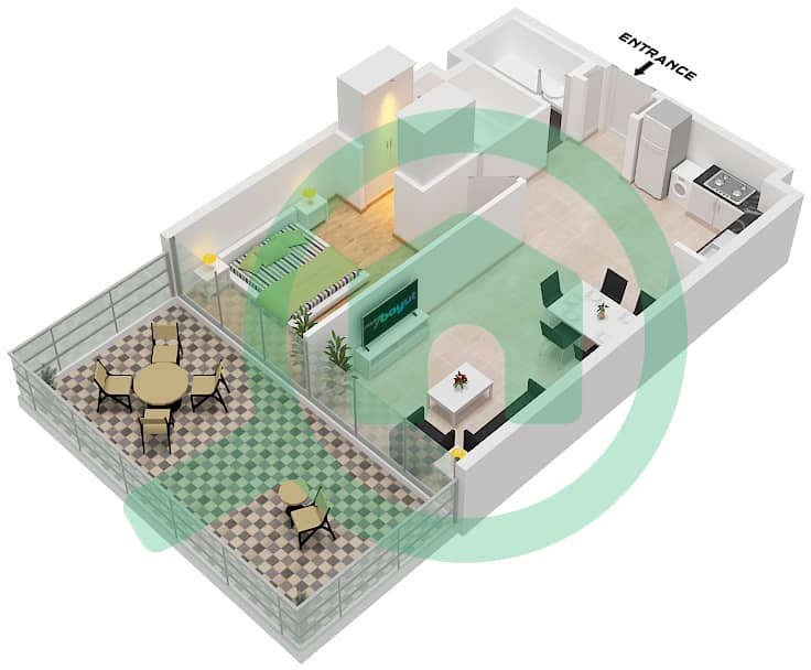 المخططات الطابقية لتصميم النموذج 2 FLOOR 1 شقة 1 غرفة نوم - بارك أفينيو 3 (عزيزي جرينفيلد) Type 2 Floor 1 interactive3D