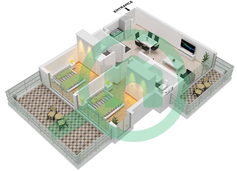 المخططات الطابقية لتصميم النموذج 1 FLOOR 1-5 شقة 2 غرفة نوم - بارك أفينيو 3 (عزيزي جرينفيلد) Type 1 Floor 1-5 interactive3D