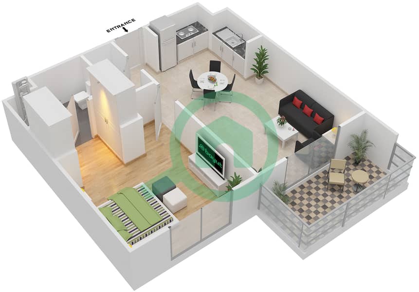Резиденция Парклейн 4 - Апартамент 1 Спальня планировка Тип M  MIDDLE UNIT Floor 3-10 image3D