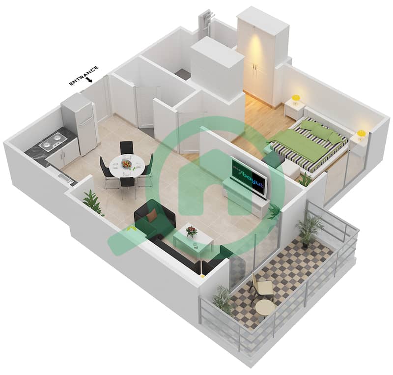 Резиденция Парклейн 4 - Апартамент 1 Спальня планировка Тип L MIDDLE UNIT Floor 11-12,14 image3D