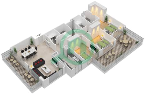 المخططات الطابقية لتصميم النموذج 3C BLOCK-B شقة 3 غرف نوم - غولف فيوز