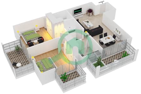 المخططات الطابقية لتصميم النموذج / الوحدة T06 /03,04,15,16 شقة 2 غرفة نوم - جليتز 3