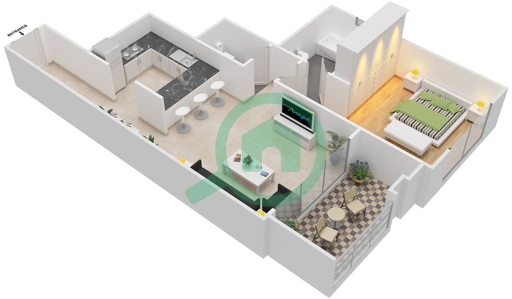 Canal Apartments - 1 Bedroom Apartment Type A Floor plan image3D
