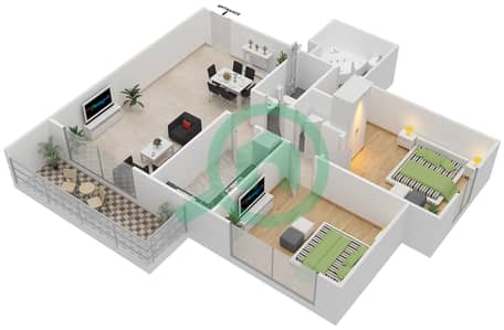 المخططات الطابقية لتصميم النموذج D شقة 2 غرفة نوم - رويال ريزيدنس 2
