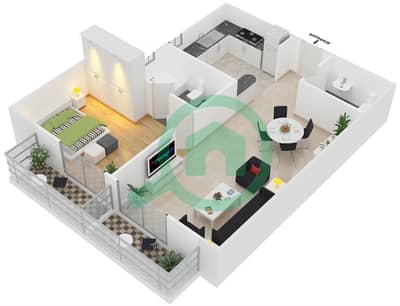 المخططات الطابقية لتصميم الوحدة 8 شقة 1 غرفة نوم - برج زينيت A1