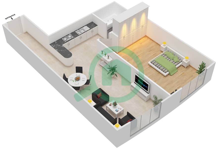 المخططات الطابقية لتصميم النموذج A شقة 1 غرفة نوم - أبراج القصر 2 image3D