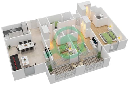 蓝宝石公寓 - 3 卧室公寓类型／单位F,G/1,3,4,5,6,7戶型图