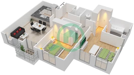 المخططات الطابقية لتصميم النموذج K شقة 2 غرفة نوم - برج الدار