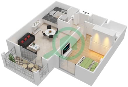 المخططات الطابقية لتصميم النموذج G شقة 1 غرفة نوم - برج الدار