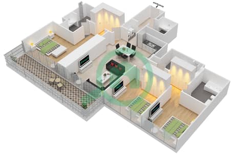 المخططات الطابقية لتصميم النموذج / الوحدة A,B / 1,10 FLOOR 14-19 شقة 3 غرف نوم - فيدا ريزيدنس دبي مارينا