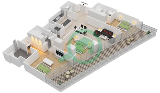 Вида Резиденции Дубай Марина - Апартамент 3 Cпальни планировка Тип/мера E / 5 FLOOR 2-5