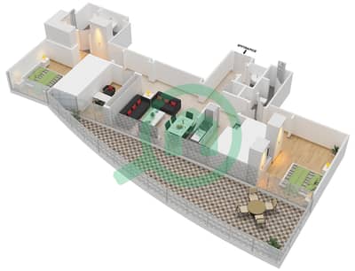 المخططات الطابقية لتصميم النموذج / الوحدة F / 1 FLOOR 2 شقة 2 غرفة نوم - فيدا ريزيدنس دبي مارينا