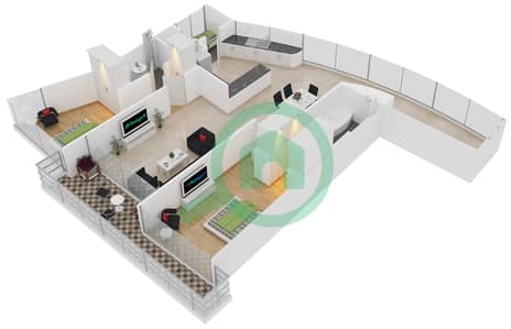 المخططات الطابقية لتصميم النموذج 2-D شقة 2 غرفة نوم - ويفز تاور 1