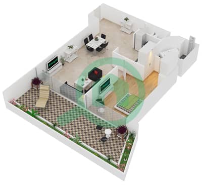 المخططات الطابقية لتصميم النموذج 1-E شقة 1 غرفة نوم - ويفز تاور 1