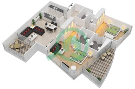 المخططات الطابقية لتصميم الوحدة 2-3,6-7 شقة 2 غرفة نوم - برج سكاي فيو