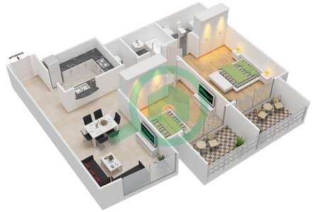 المخططات الطابقية لتصميم الوحدة 3,6 شقة 2 غرفة نوم - برج سكاي فيو