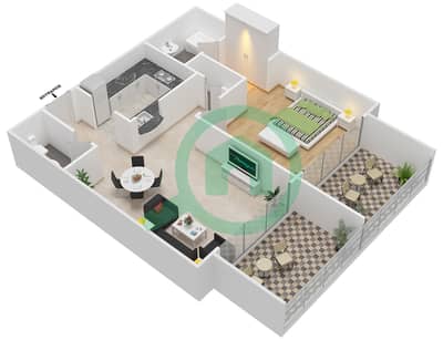 المخططات الطابقية لتصميم الوحدة 3 شقة 1 غرفة نوم - برج سكاي فيو
