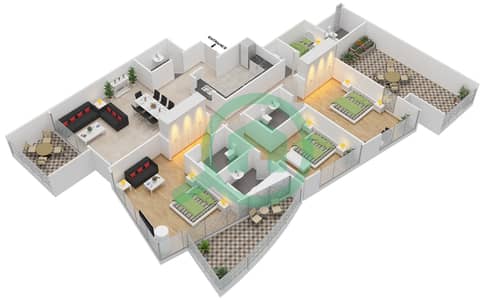 المخططات الطابقية لتصميم الوحدة 2, 3 FLOOR 22-23 شقة 3 غرف نوم - برج سكاي فيو