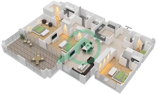 المخططات الطابقية لتصميم الوحدة A شقة 3 غرف نوم - مارينا ريزيدنس B
