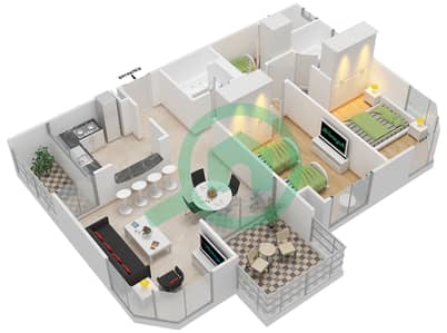 المخططات الطابقية لتصميم النموذج J شقة 2 غرفة نوم - مارينا ريزيدنس A