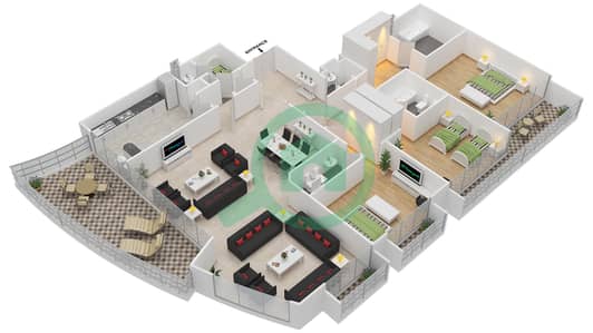 المخططات الطابقية لتصميم النموذج B شقة 3 غرف نوم - مارينا مانشنز