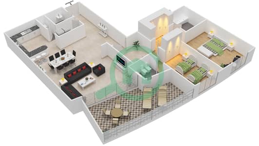 المخططات الطابقية لتصميم النموذج A شقة 2 غرفة نوم - مارينا مانشنز