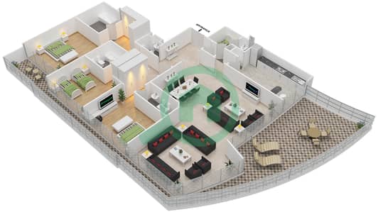 المخططات الطابقية لتصميم النموذج A شقة 3 غرف نوم - مارينا مانشنز