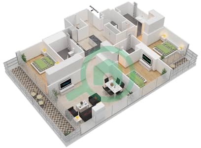 المخططات الطابقية لتصميم النموذج 3D شقة 3 غرف نوم - بوابة المارينا 1