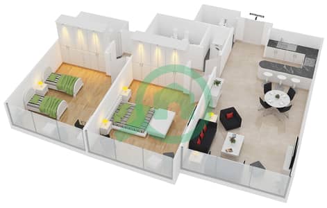 المخططات الطابقية لتصميم الوحدة 110 شقة 2 غرفة نوم - خليج اليخوت