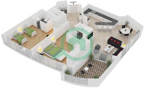 المخططات الطابقية لتصميم الوحدة 208 شقة 2 غرفة نوم - خليج اليخوت