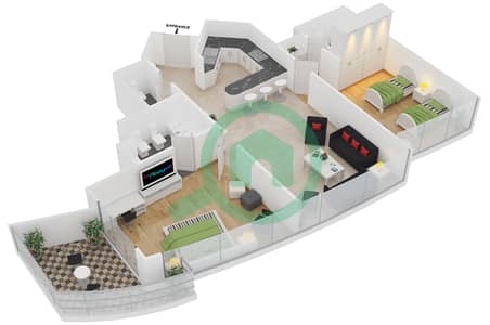 المخططات الطابقية لتصميم الوحدة 211 شقة 2 غرفة نوم - خليج اليخوت