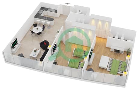 المخططات الطابقية لتصميم الوحدة 109 شقة 2 غرفة نوم - خليج اليخوت