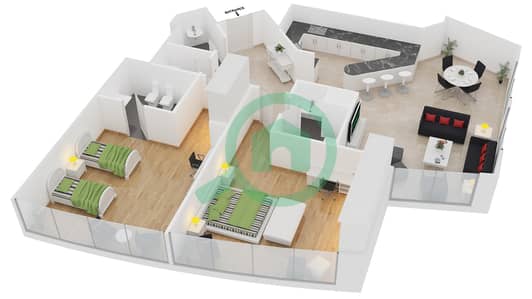 المخططات الطابقية لتصميم الوحدة 108 شقة 2 غرفة نوم - خليج اليخوت