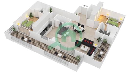المخططات الطابقية لتصميم النموذج 2BLL شقة 2 غرفة نوم - ويست سايد مارينا