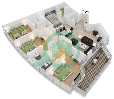 المخططات الطابقية لتصميم النموذج 2B شقة 3 غرف نوم - ترايدنت جراند ريزيدنس