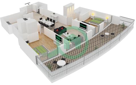 المخططات الطابقية لتصميم النموذج 6A شقة 2 غرفة نوم - ترايدنت جراند ريزيدنس
