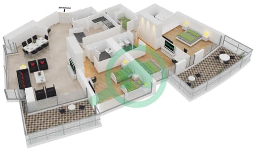 المخططات الطابقية لتصميم النموذج 2 شقة 9 غرف نوم - ترايدنت جراند ريزيدنس