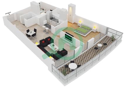 المخططات الطابقية لتصميم النموذج 7A شقة 1 غرفة نوم - ترايدنت جراند ريزيدنس